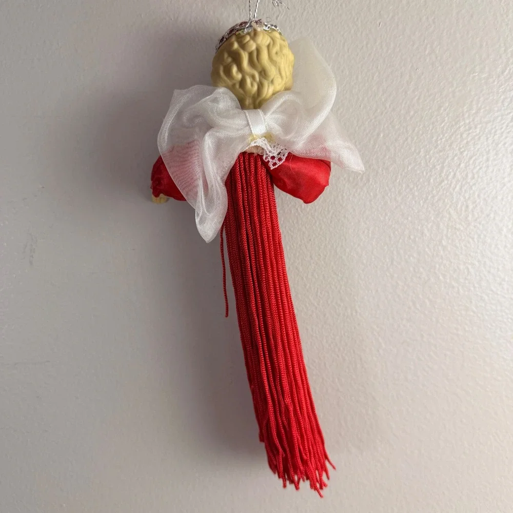 Vintage Set of 9 Porcelain Head Angel Tassel Christmas Ornaments Red Victorian